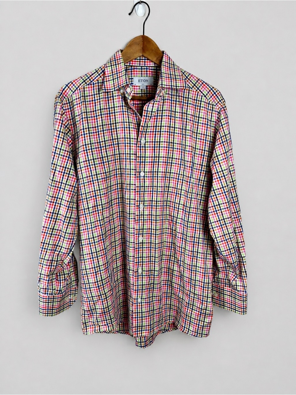 Eton Dress Shirt 15.5 34/35 M Multicolor Blue White Pink Orange Slim Check Twill